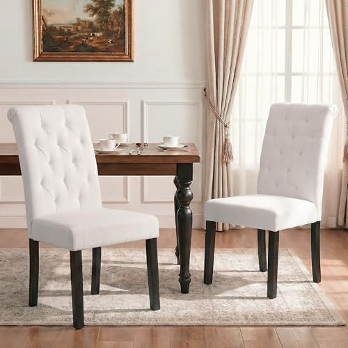 LSSBOUGHT Upholstered Dining Chairs Set of 2,Tufted Parsons Kitchen Chair with Solid Wood Legs, Modern Towel Fabric Side Chair for Dining Room/Restaurant(2pcs,Beige) - color: Beige-fabric, size: Set of 2