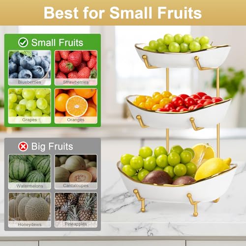 3-Tier Ceramic Fruit Bowl, Modern Fruit Basket for Kitchen Countertop, Tiered Fruit Display Stand with Gold Metal Stand, Non-Slip & Chip-Resistant, Dishwasher Safe (Gold&White) - color: Gold&White