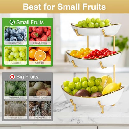 3-Tier Ceramic Fruit Bowl, Modern Fruit Basket for Kitchen Countertop, Tiered Fruit Display Stand with Gold Metal Stand, Non-Slip & Chip-Resistant, Dishwasher Safe (Gold&White) - color: Gold&White