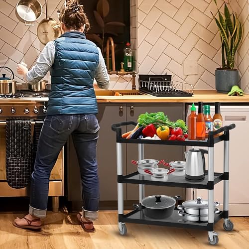 Utility Service Cart 3 Shelf with Wheel, Plastic Heavy Duty 3-Tier Rolling Utility/Push Food Service Cart for Office, Warehouse, Garage, Restaurant, Cleaning, 360lbs Capacity, Black