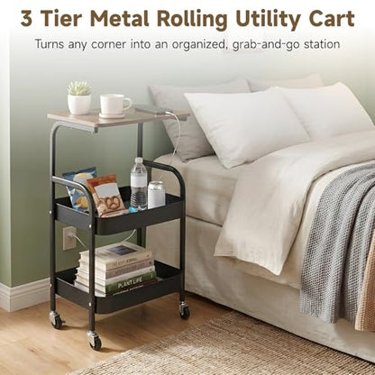 ZALIR 3 Tier Metal Rolling Utility Cart, Movable Storage Trolley with Wooden Table Top, Lockable Wheels, Multifunctional Organizer for Kitchen, Bathroom, Living Room & Bedroom (Black)