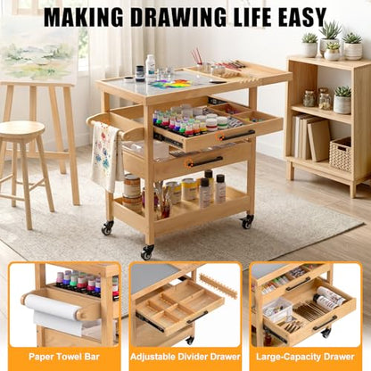 GDLF Art Storage Cart with 2 Drawers, Artist Taboret on Wheels with Tempered Glass Mixing Palette, Beech Wood Rolling Cart with Brush Holder, 2 Rinse Cups & Paper Towel/Towel Bar