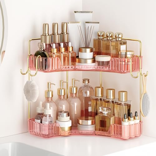 Delicate Pink 2-Tier Corner Counter Organizer Bathroom Organizers | Kitchen & Vanity Storage for PET Makeup Storage Countertop with Hooks, Skincare & Jewelry - color: Pink, size: 2 Tier