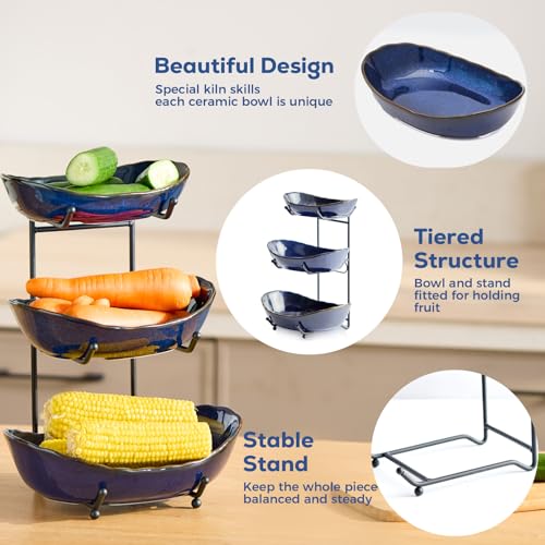 DUJUST 3 Tier Fruit Bowl, Kiln Altered Glaze Ceramic Fruit Stand, Stackable & Easy to Store, Multifunctional Serving Tray for Fruit/Vegetables/Snacks, Microwave & Dishwasher Safe - Dark Blue - color: 3-Tier Dark Blue