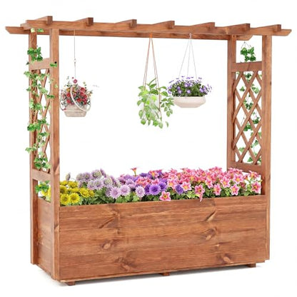 Giantex Raised Garden Bed with Sided Trellis & Roof, 45”x16”x41” Wood Elevated Planter Box, Freestanding Garden Planter Raised Bed for Flowers Herbs Climbing Vines,Brown,1 - color: Brown, size: 45”x16”x41”