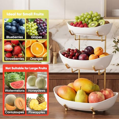 GIRAVO 3 Tier Ceramic Fruit Bowl with Metal Stand, Tiered Countertop Fruit Basket, Serving Tray Stand for Kitchen Counter, Fruit & Vegetable Storage, White Bowls with Gold Rack