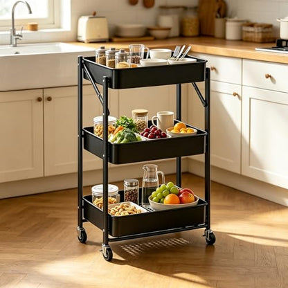 3-Tier Metal Foldable Rolling Cart with Wheels, Heavy Duty No Assembly Required, Space Saving Multi-Purpose Utility Trolley for Kitchen Bathroom Office Dorm Living Room Balcony (Black, Handheld) - color: Black