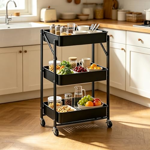 3-Tier Metal Foldable Rolling Cart with Wheels, Heavy Duty No Assembly Required, Space Saving Multi-Purpose Utility Trolley for Kitchen Bathroom Office Dorm Living Room Balcony (White, Handheld) - color: White