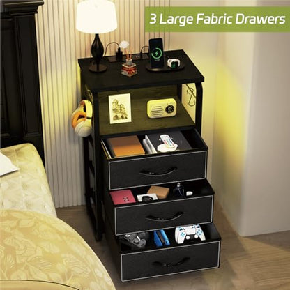 runjuly Large Nightstand Set of 2 with Charging Station, Bed Side Tables Bedroom Set of 2, Black Night Stand Set 2, Bedside Table with 3 Fabric Drawers, Night End Table with Storage for Bedroom, Dorm - color: Black, style: Larger+Taller Set of 2