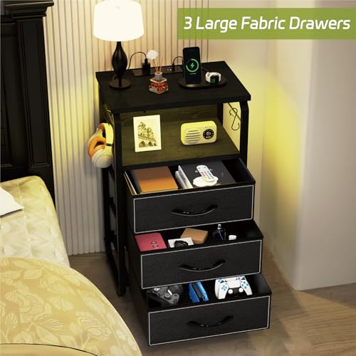 runjuly End Tables Set of 2 with Charging Station, LED Lights, Hooks, Black | 3 Large Fabric Drawers, USB C Ports & Power Outlets, Metal Night Stand Pair, Storage Nightstand for Living Room / Bedroom - color: Black, style: Larger+Taller Set of 2
