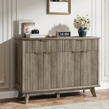 QUW Fluted Buffet Sideboard Cabinet with Storage, 47.2" Kitchen Cabinet with Drawers and Adjustable Shelves, Modern Coffee Bar with Charging Station, for Dining Room, Living Room, Grey