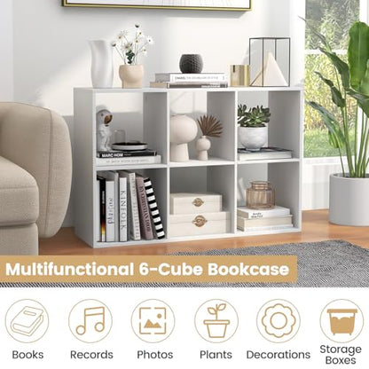 6 Cube Book Shelf, Modern Storage Bookcase with 6 Open Compartments, Open Back and Bottom Back Panels, Heavy Duty Storage Bookshelf for Living Room, Study, Office and Hallway, White