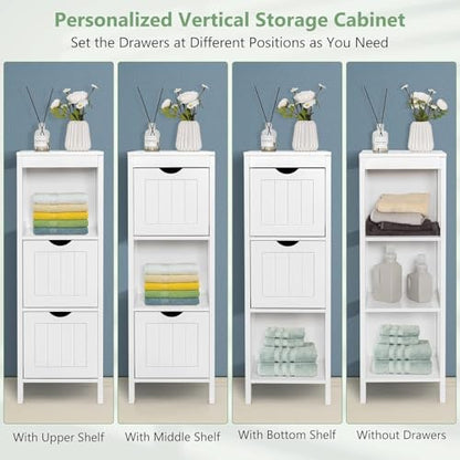 RELAX4LIFE Small Bathroom Storage Organizer, Freestanding with 2 Removable Drawers & Open Shelf, Wooden Corner Cabinet for Entryway, Living Room or Narrow Bathroom (White)