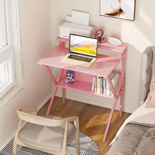 ODK Small Desk, 27.5 Inch Computer Desk for Small Spaces, Study Desk with Storage & Monitor Stand, Pink - color: Pink