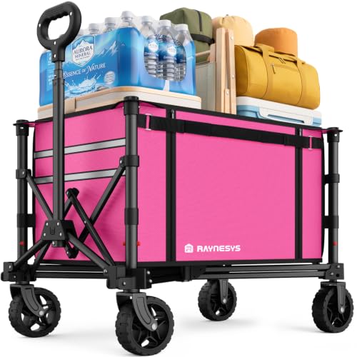 Collapsible Wagon with Wheels,120L Wagon Cart for Camping Groceries Beach | 220lbs Capacity Wagon Carts Foldablet,Smallest Folding Size,Lightweight Portable,Adjustable Handle,Transport long items - color: Pink
