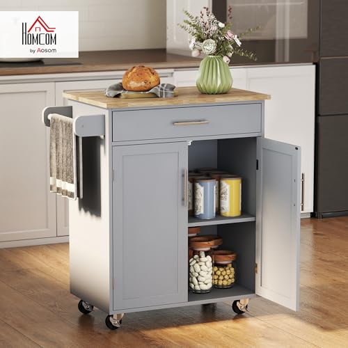 HOMCOM Kitchen Island Cart, Rolling Island Table with Solid Wood Top, Trolley Cart with Drawer, Storage Cabinet & Towel Rack, Gray - color: Grey