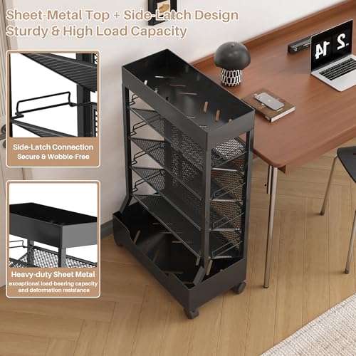 UMDONX Modern Mobile Single-Sided Metal Book Cart | Features A Metal Top Panel, A Base, and Clip-in Shelves; Suitable for Home, Office, and Classroom - color: Black