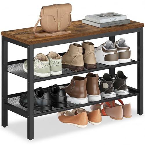 VASAGLE 3 Tier Shoe Rack Bench, One Piece Shelves, Industrial Style | Shoe Storage Organizer with Raised Edges, Easy Assembly, 11 x 29.5 x 19.7 Inches, Rustic Brown and Matte Black ULSB070KD01S - color: Rustic Brown + Matte Black, size: 29.5"W