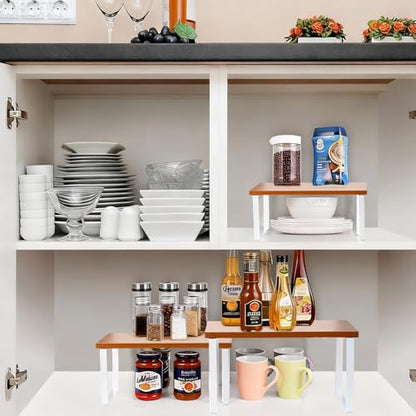 2Pack Expandable Stackable Cabinet Shelf, Metal-Wood, Warm Bamboo - color: Bamboo Color