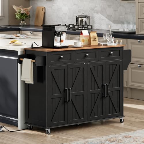 RALGEND Kitchen Island with Drop Leaf & Power Outlet, Rolling Kitchen Island Cart On Wheels, Barn Door Kitchen Island Table with Storage, Island Table for Kitchen, Black and Rustic Brown - color: Black + Rustic Brown