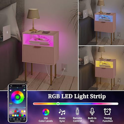 JOONEE Modern Nightstand with Charging Station and LED Lights, White Bedside Table with Drawer, Fluted Side Table for Living Room, Bedroom - color: Pink