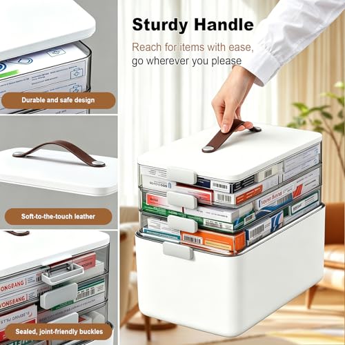 MOPUP 4-Tier Medicine Craft,Sewing,Art,Organizer Storage,Portable Latch Bin with Lid and Leather Handle,Pill Bottle, First Aid,Comes with a 7-Day Pill Organizer,A Household Essential - size: XL– 4-Tier Set