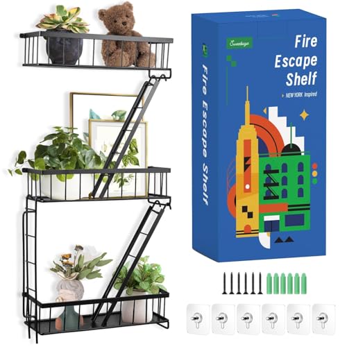 SweetSage Fire Escape Wall Shelf - New York Decorative Ladder Shelf, Wall Art Floating Shelf Black Metal Shelves for Bedroom, Home Office Storage and Display (3-Tier) - color: Black