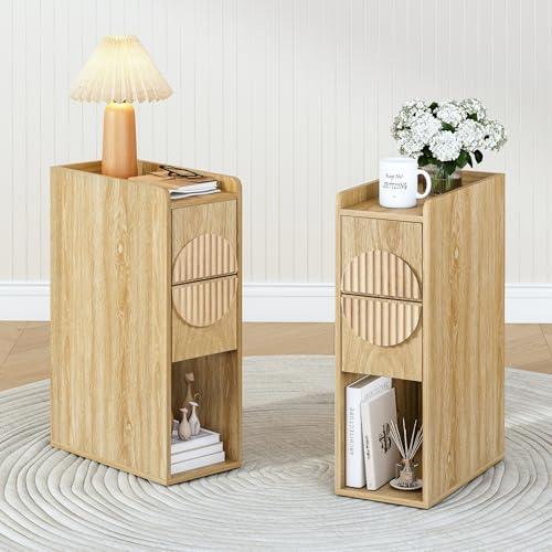 Narrow Nightstands Set of 2 for Bedroom, Mid Century Modern Wooden Bedside with 2 Drawers, Fluted Skinny End Table, 8 Inch Wide Slim Side Tables for Small Spaces - color: Natural X40