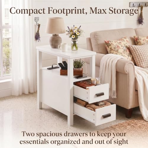 Narrow Nightstand with Charging Station, 24.4" H Slim Side Table with 2 Drawers, Bedside Table for Small Spaces, Modern End Table with Low Profile Legs (White) - color: White
