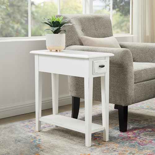 Leick Home Haven Ridge Narrow End Table, Solid Wood, with Drawer and Shelf, for Living Room and Small Spaces, Farmhouse White, 214361 - color: White, size: Narrow, style: Farmhouse