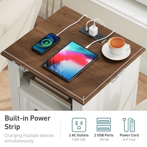 RALGEND Farmhouse Nightstand with Charging Station, Night Stand with 2 Drawers, End Tables Living Room, LED Bed Side Table with Open Shelf, End Table for Bedroom, Living Room, White and Walnut - color: White and Walnut