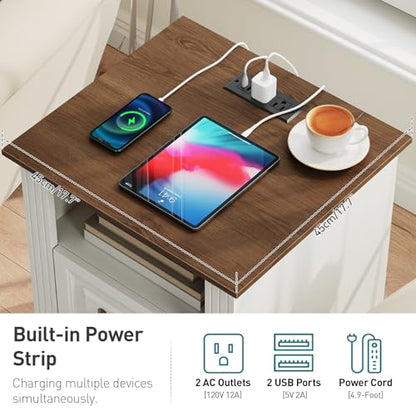 RALGEND Farmhouse Nightstand with Charging Station, Night Stand with 2 Drawers, End Tables Living Room, LED Bed Side Table with Open Shelf, End Table for Bedroom, Living Room, White and Walnut - color: White and Walnut