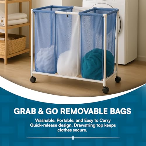 Honey-Can-Do HMP-01629 3 bag mesh laundry sorter, 30.5" x 15.3" x 30" , Blue/White