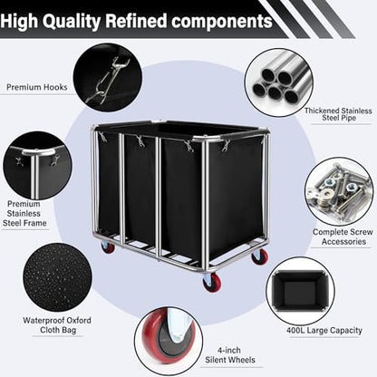 Commercial Laundry Cart with Wheels, 400L Capacity Heavy Duty Large Laundry Basket with Watertight Oxford Bag and Sturdy Steel Frame for Home, Hotel,Hospital,440 lbs(Black) - color: Black