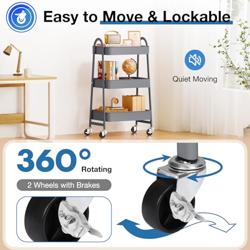 DUMOS 3 Tiers Metal Rolling Utility Cart with Lockable Wheels, Mobile Storage Organizer, Utility Shelving Unit for Kitchen, Office, Bathroom, Laundry, Narrow Places, Gray - color: 3 Tiers Gray