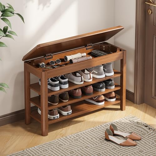 IUNVR Shoe Rack Bench Seat Rubberwood 3-Tier Wooden Storage Bench 550lbs Compact Mid-Century Modern Design for Entryway, Hallway, Closet, Front Door Entrance, Foyer - color: Walnut-3 Tier(wood), size: 31.5"W x 11.8"D x 20.5"H