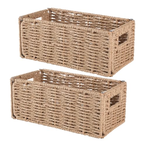 2-Pack Paper Rope Wicker Toilet Paper Baskets, 11.2x6x4.8in, Natural Brown | Narrow woven foldable storage baskets for shelves, countertops and toilet tank tops; rectangular organizer bins for bathrooms