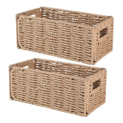 2-Pack Paper Rope Wicker Toilet Paper Baskets, 11.2x6x4.8in, Natural Brown | Narrow woven foldable storage baskets for shelves, countertops and toilet tank tops; rectangular organizer bins for bathrooms