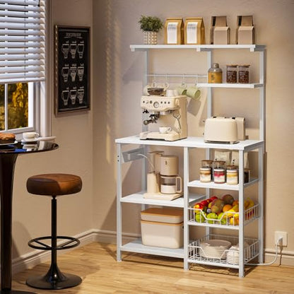 HOOBRO Large Bakers Rack with Power Outlets, 6-Tier Microwave Stand with 4 Hooks, Coffee Bar, Kitchen Shelf with Wire Basket, for Kitchen, Living Room, Office, White WW64UHB01 - color: White