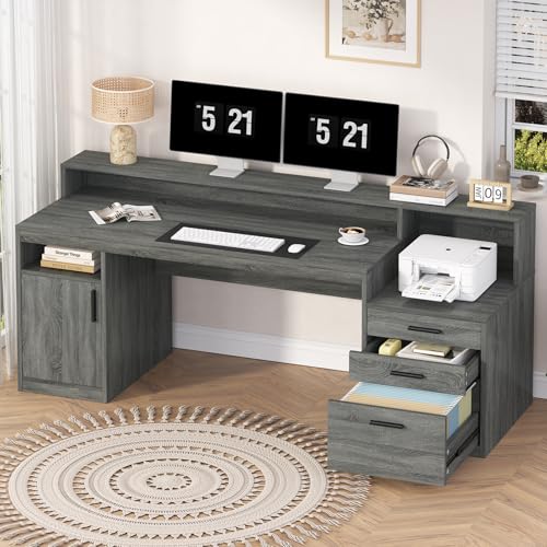YOMILUVE Executive Computer Desk with 3 Drawers & Storage Shelves, 65 Inch Home Office Desk with File Drawer & Cabinet, Writing Study Desks with Monitor Stand & Printer Shelf, Dark Grey - color: Dark Gray