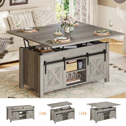 SEDETA Farmhouse Lift Top Coffee Table with Storage and Hidden Compartment | 4 in 1 Multi-Function Convertible Coffee Tables Converts to Dining Table for Small Living Room, Grey - color: Grey, size: 39.3"D x 39.3"W