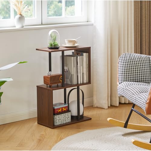 Aibiju S-Shaped Side Table, 3-Tier End Table with Open Storage Shelves, Non-Slip Feet, Modern Style Nightstand, Narrow Side Table for Small Space Living Room Bedroom Light Walnut YD-ST003LW - color: Light Walnut