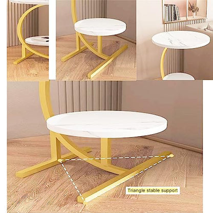 2 Layers Round Marble Texture Small C-Shaped Side Table,Snack Side Table, End Table for Sofa Side Table,Bedside Table for Living Room Kitchen Garden Bedroom