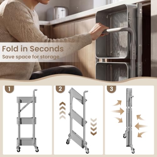 Foldable 3 Tier Metal Utility Rolling Cart, Folding Mobile Multi-Function Storage Trolley Organizer Cart for Home Library Office(Grey) - color: Gray