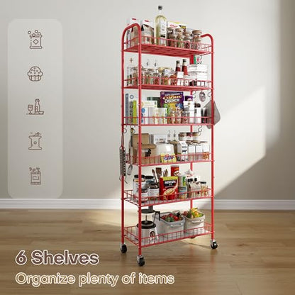 Slim Rolling Storage Cart, 6 Tier Metal Kitchen Rolling Utility Cart with Lockable Wheels for Kitchen, Bathroom, Laundry Room, Small Narrow Spaces (Red 10 Inches) - size: Red 10 Inches