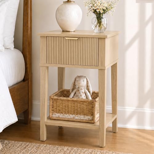 Natural Oak 15" Wide Small Nightstand with Drawer, Open Shelf, Fluted | Light oak tone, ribbed fluted front, 11.8-inch slim depth, concealed storage, airy fit for bedside, sofa side, or chair side - color: Natural Oak Fluted, size: 1 Pack