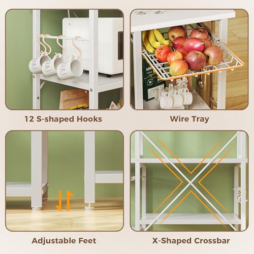 SUPERJARE Large Bakers Rack with Power Outlets, 6-Tier Microwave Stand, Coffee Bar with 12 S-Shaped Hooks, Kitchen Shelf with Wire Basket, 39.4 x 14.6X 66.9 Inches, White - color: White, size: 39.4inch