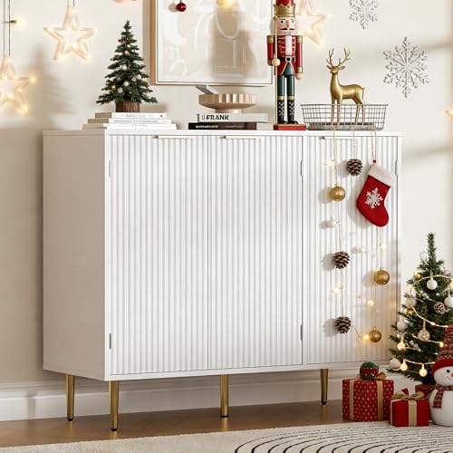 Housoul Fluted Sideboard Buffet Cabinet with 3 Doors, White | Kitchen Storage Cabinet with Adjustable Shelves & Golden Handles, Modern Accent Cabinet, Coffee Bar for Kitchen, Living Room - color: White