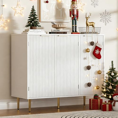Housoul Fluted Sideboard Buffet Cabinet with 3 Doors, White | Kitchen Storage Cabinet with Adjustable Shelves & Golden Handles, Modern Accent Cabinet, Coffee Bar for Kitchen, Living Room - color: White