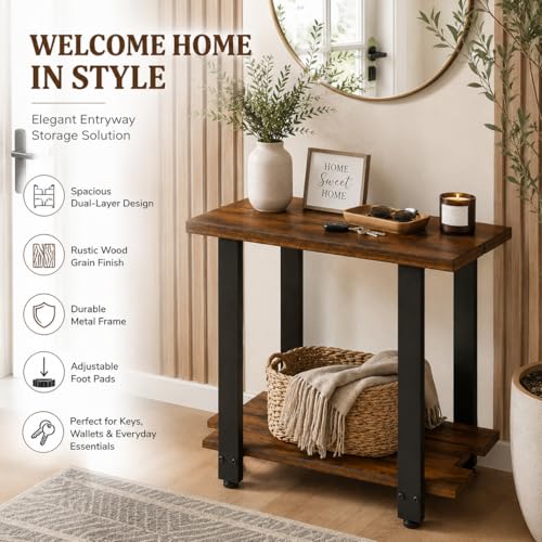 Transitional Narrow End Table, Rustic Brown | 2-Tier, Storage Shelves, Modern Farmhouse Industrial Nightstand, For Living Room, Bedroom, Small Spaces, Couch - color: Rustic Brown